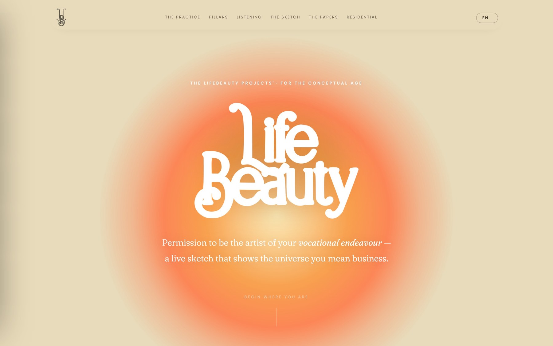 The LifeBeauty Projects front page: a sun over the wordmark